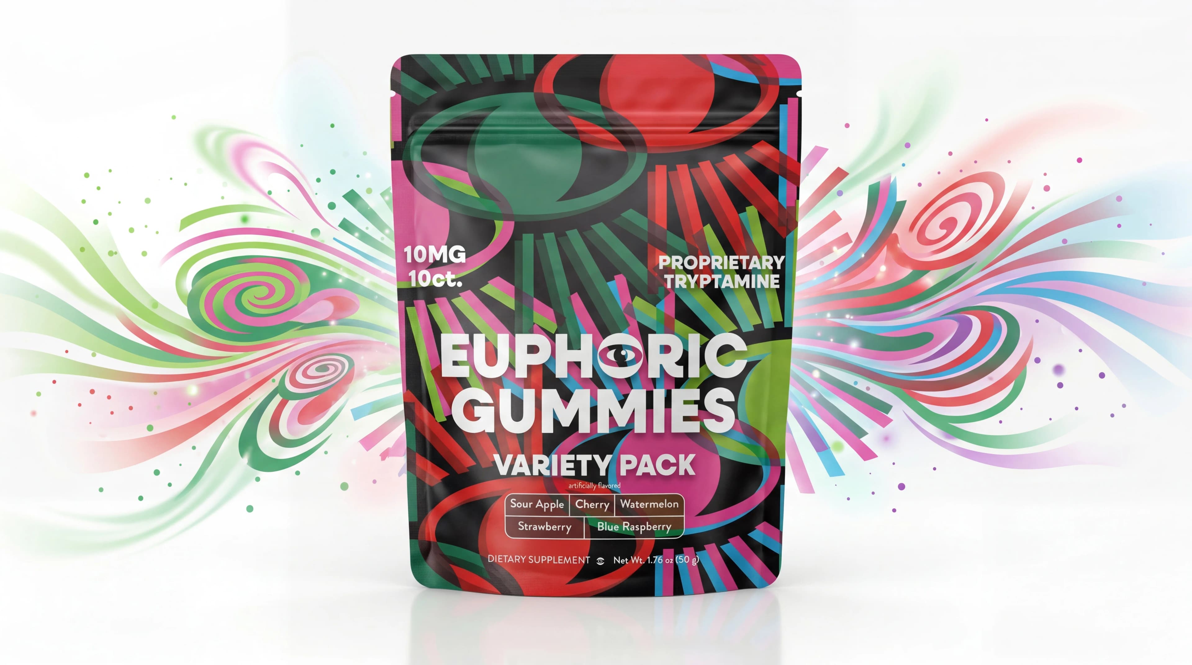 Euphoric Gummies mylar bag with psychedelic swirl background