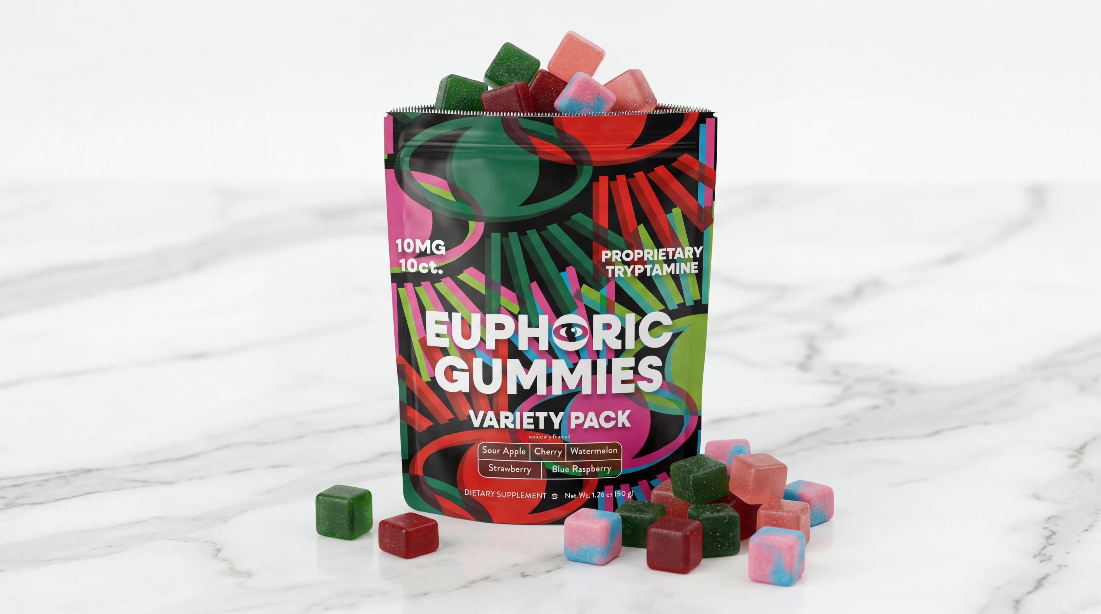 Euphoric Gummies bag with colorful gummies spilling out