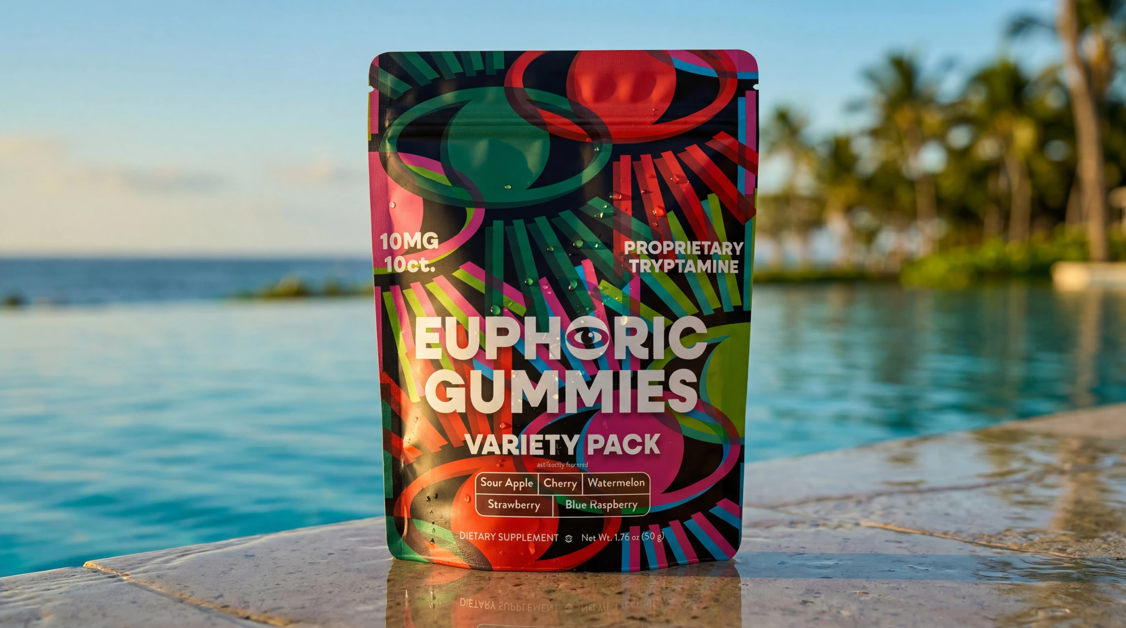 Euphoric Gummies poolside at golden hour