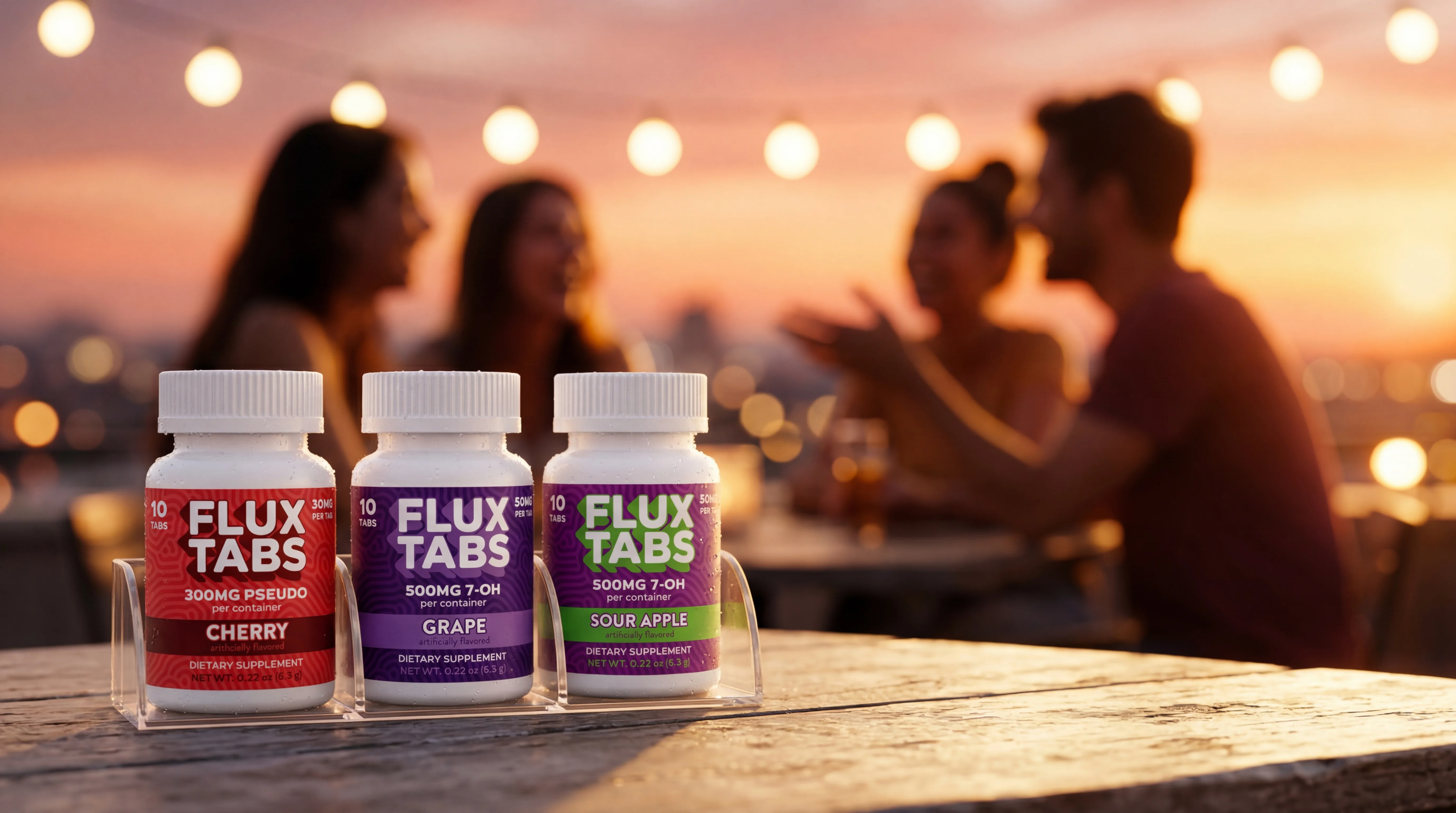Flux Tabs products on a table at golden hour