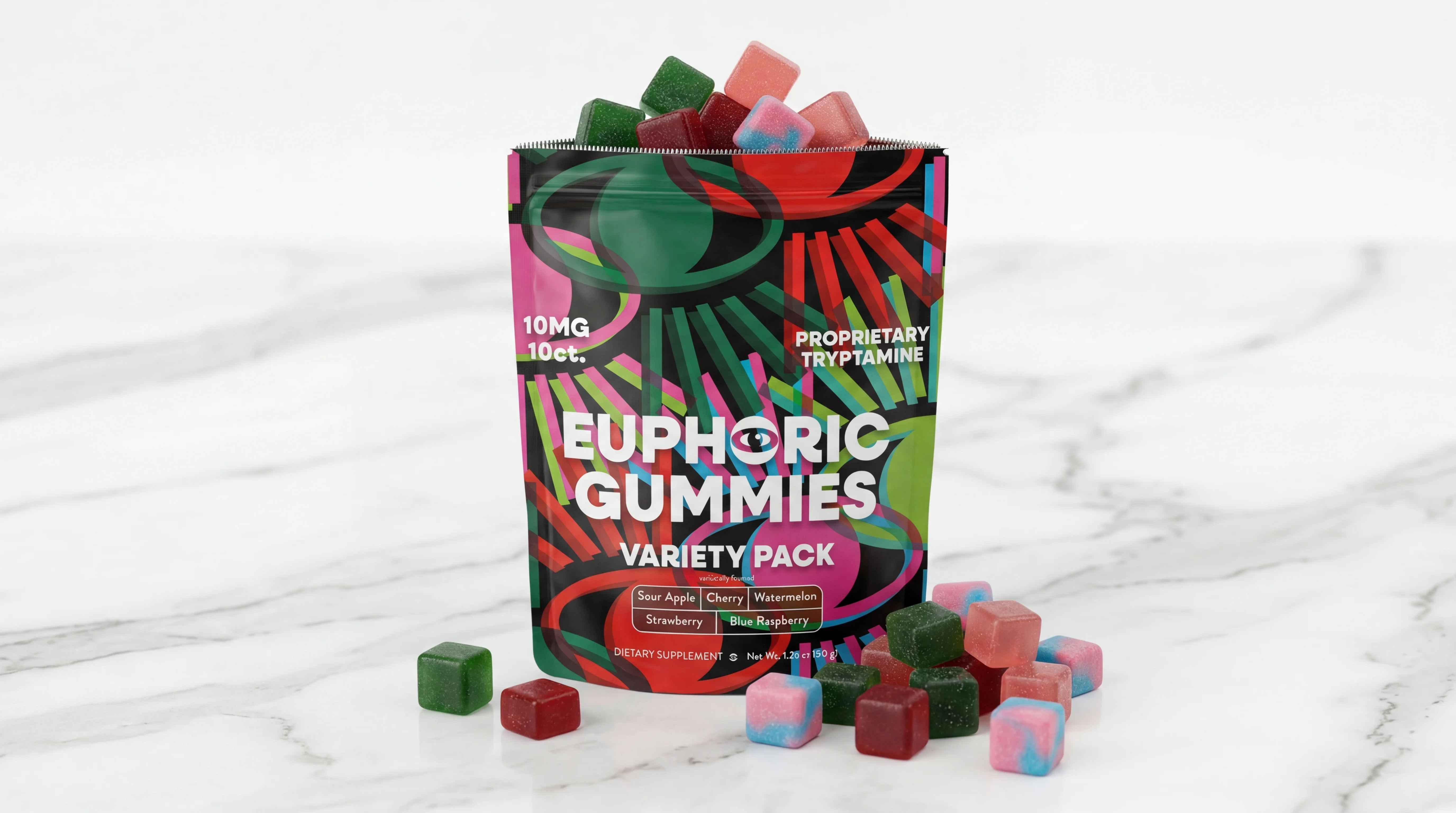 Euphoric Gummies bag with colorful gummies spilling out