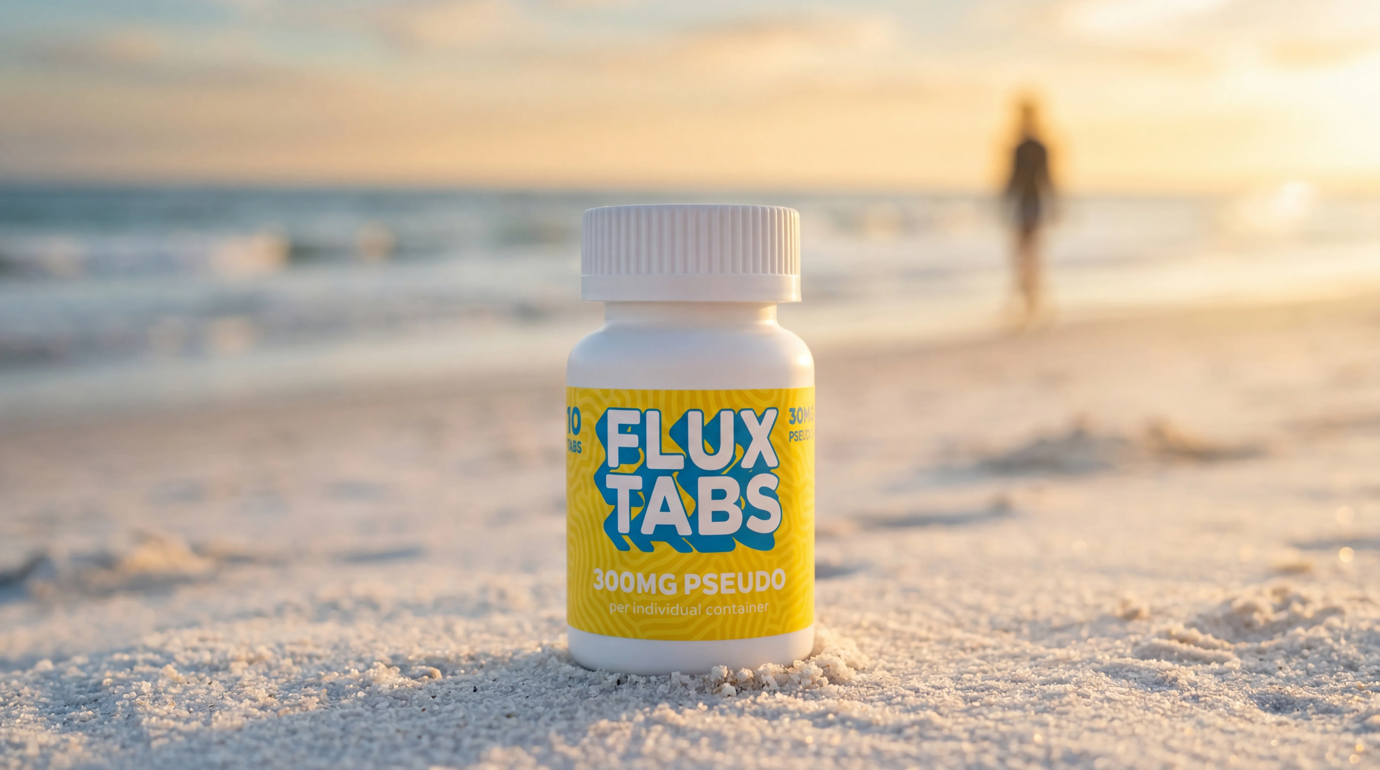 Flux Tabs Lemon on white sand beach at golden hour